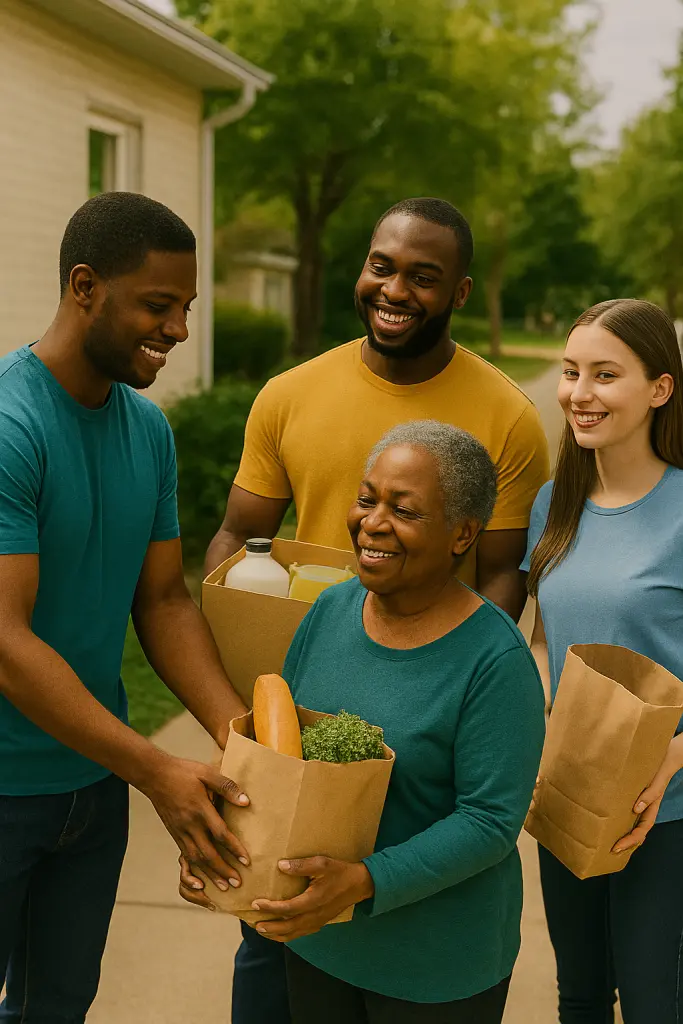 Black man giving bag of groceries to a older woman