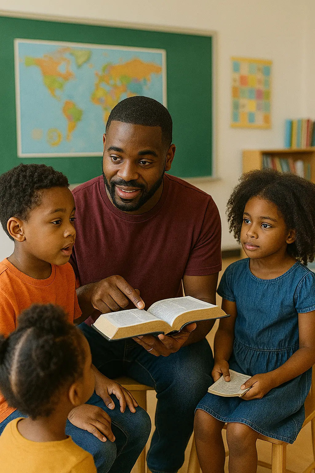 Black man ministering to school age children