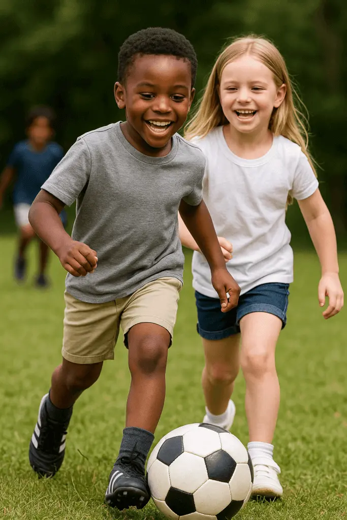 Young children playing soccer