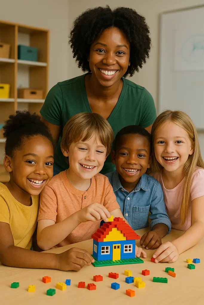 4 young children learning to build using legos
